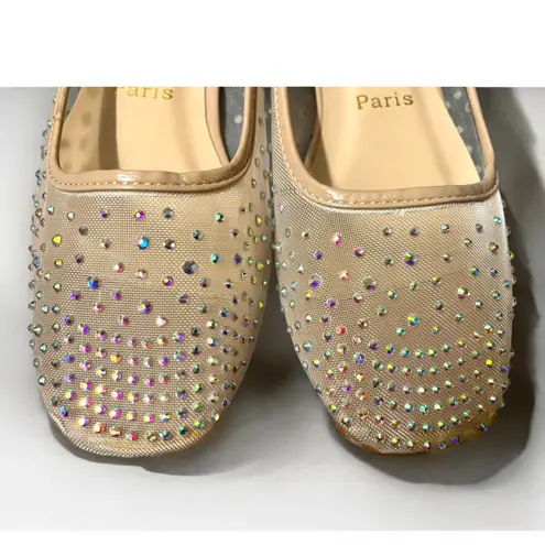 Beige Crystal Embellished Mesh Follis Strass Ballerina Flats Red Size 7.5