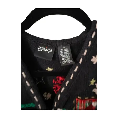 Erika Vintage Christmas Themed Sweater Vest Small Medium Santa Snowflake Black