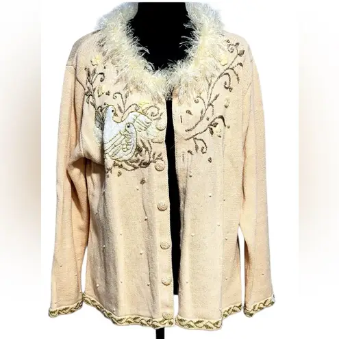New Vintage Storybook Knits peach dove cardigan Beaded sequin Holiday Sweater Size M