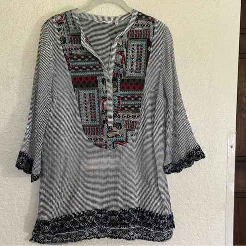Soft Surroundings Embroidered Small Striped Tunic Top Western Aztec Boho Artsy