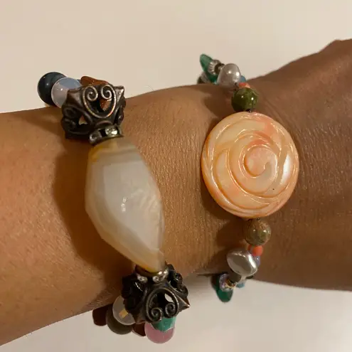 Colorful Hand made Beaded Bracelets Set with quartz and shell and bee charm Orange