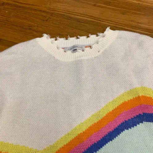 Miss Sparkling Knit Sweater Womens XL Colorful Stripe Pullover Distressed Trim White