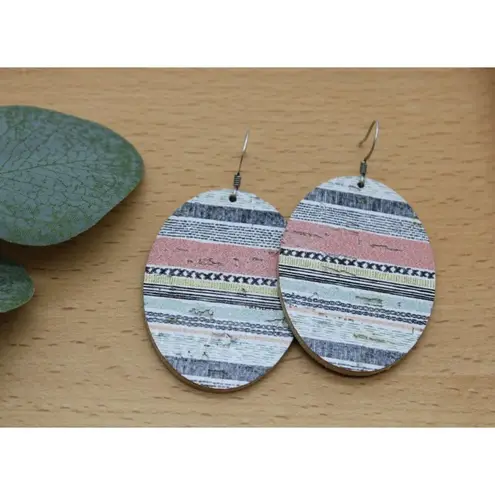 Handmade Cork on Leather Oval Earrings Pastel Multi-Colored Stripes