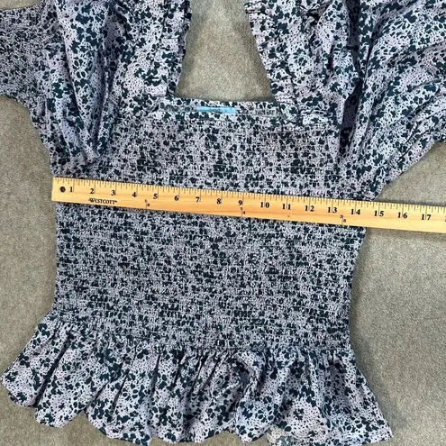 CeCe Puff Sleeve Top Women's Large Purple Floral Square Neck Smocked Ruffle