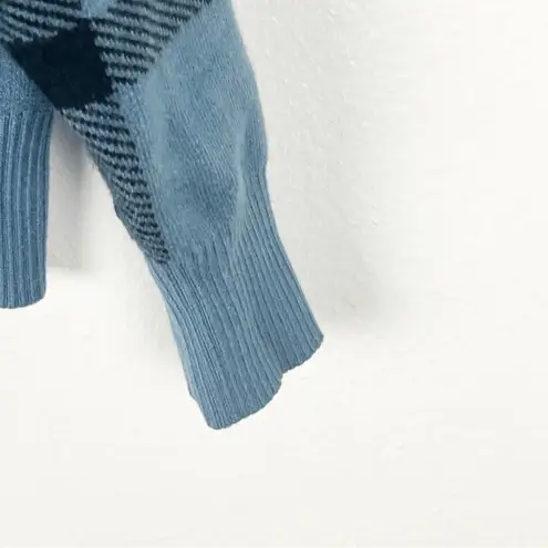 Tahari Blue And Black Plaid Side Button Accents Mock Neck Long Sleeves Sweater