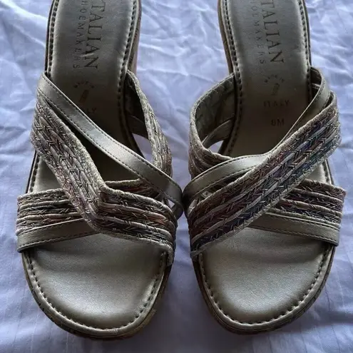 Italian Shoemakers Women’s Size 8 Brown Fabric Wedge Sandals Slip On 3” Heel