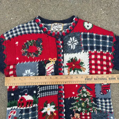 VTG Y2K Heirloom Collectives Mixed Media Patchwork Fair Isle Christmas Cardigan Red Size M