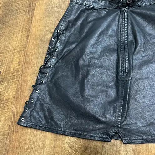 Vtg Y2K Black Leather Concho Mini Skirt Size XS