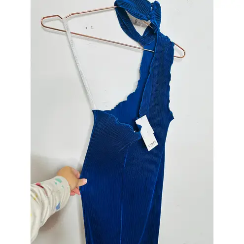 L’IDEE Regal Blue 90s One Shoulder High Neck Satin Plisse Lettuce Hemline Dress Size 10