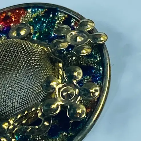 Lady's Hat Shaped Pin Brooch Multicolor Enamel Gold Tone Bow Flowers Vintage