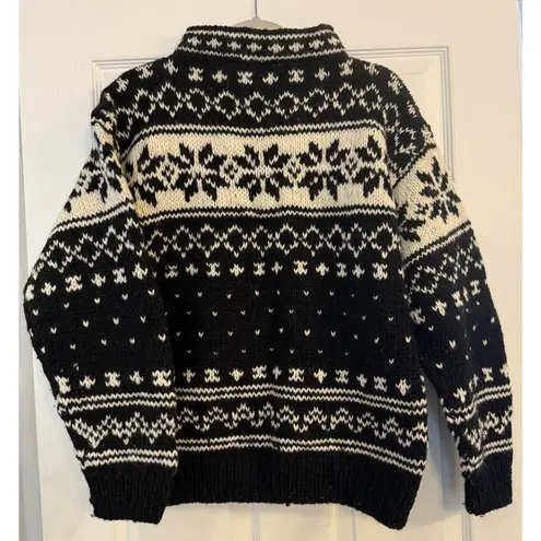 VTG 100% Wool Sweater XS Nepal 1/4 Zip Snowflakes Thick Fisherman Cozycore Cabin Black