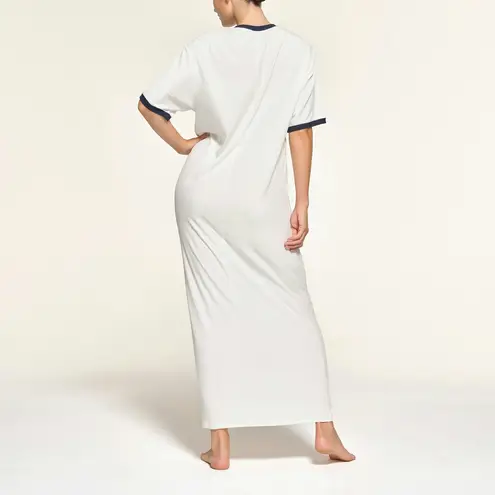 SKIMS NEW Soft Lounge Ringer Short Sleeve Maxi Dress Stretch Ribbed White XS