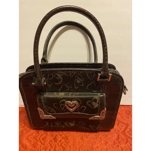 Faux Alligator & Fabric Handbag, Embossed Hearts Brown w/ Silver Heart Accents