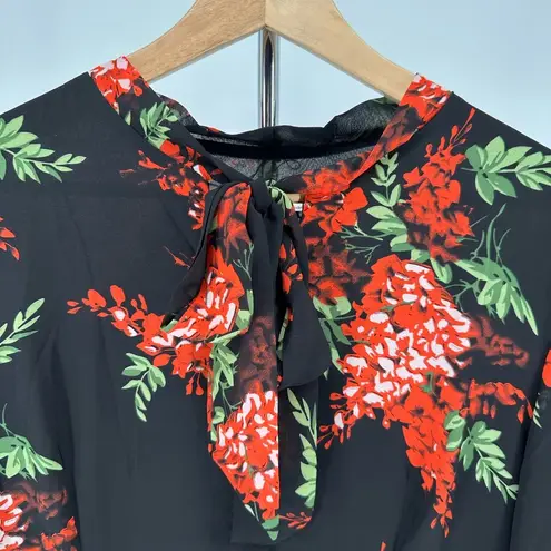 Black Red Floral Tie Bow Neck Maxi Long Dress Sheer Long Sleeve size 14 NWT