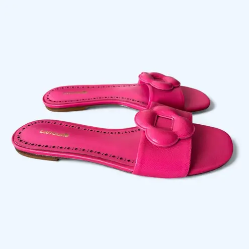 Larroudé Floral Flat Slide Sandals Hot Pink Leather Women’s Size 8 Chic Feminine