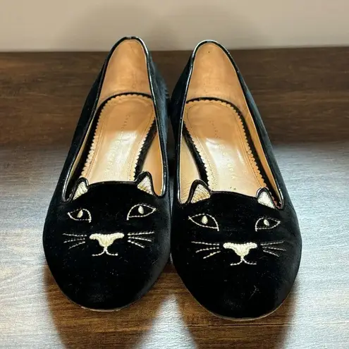 Charlotte Olympia  Black Velvet Kitty Flat - size 39.5 (US 9.5)