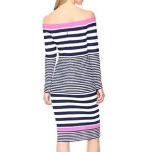 Eliza J Dress Womens Size 8 Petite Pink Blue Striped Off Shoulder Long Sleeve