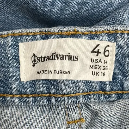 Stradivarius Super Wide Leg High Rise Slouchy Jeans Medium Wash Raw Hem Size 14