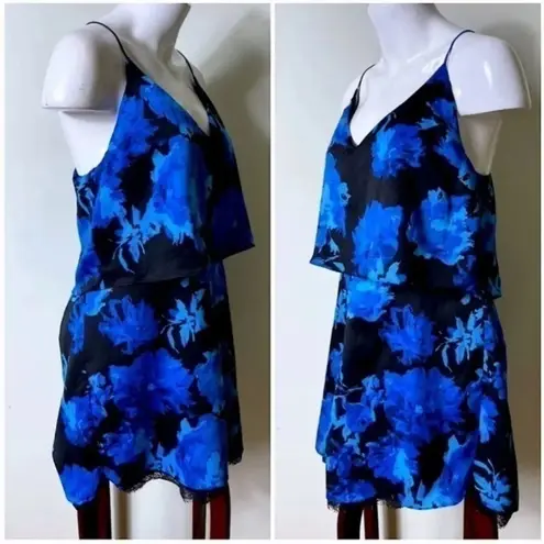 Topshop  Blue Black Satin Floral Strappy Romper Playsuit Lace Hem Size 12 Large