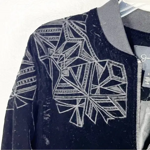 Jessica Simpson  Black Velvet Front Zipper Embroidered Bomber Jacket, Size Small