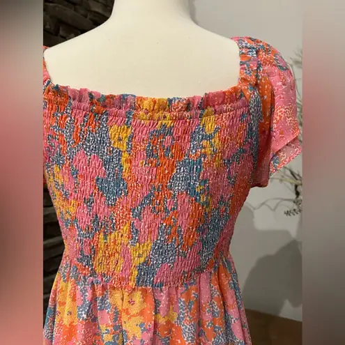 Meet Me In Santorini Smocked Bodice Floral Sleeve Mini Dress. Size Large Pink
