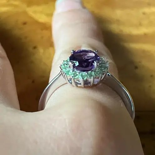 Moroccan Amethyst Tsavorite Garnet Sterling Silver Halo Ring Size 10 Purple