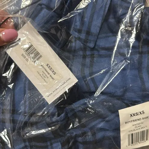 We Wore What Plaid Blue Boyfriend Shirt Flannel Oversized Fit Long Sleeve Button-Down Pockets