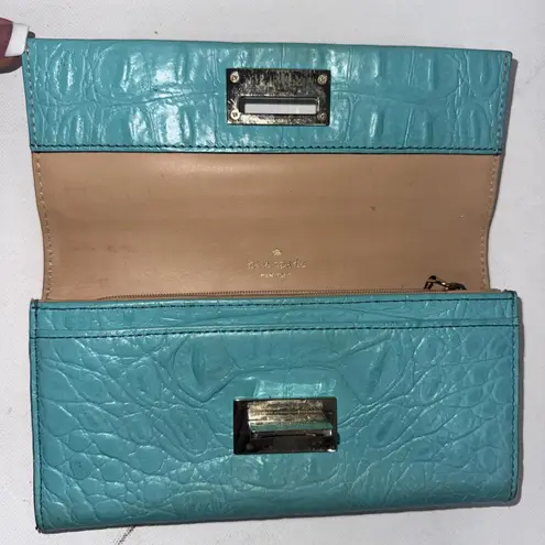 Kate Spade Teal Leather Minimalist Old Money Classic Folding Wallet Clutch Purse Blue