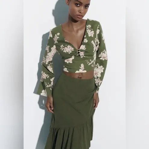 ZARA  Women Bloggers Fav Khaki Floral Bohemian Linen Blend Cropped Top Sz L