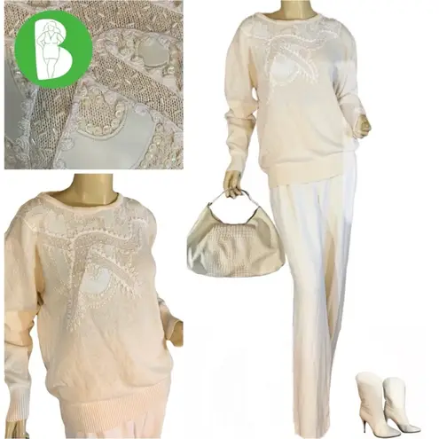 VINTAGE 1980'S CERVELLE CREAM & WHITE SILK BLEND BEADED SWEATER (L) Size L