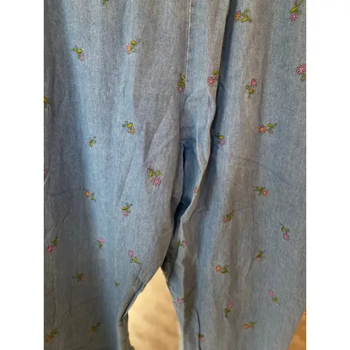 Basic Editions Floral Embroidered Chambray Denim Pants L Cottagecore Boho Lounge Blue Size 2X - Image 9