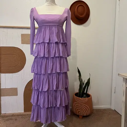 None Vintage Handmade 70s Purple Multi Tiered Pleated Sheer Sleeve Square Neck Dress