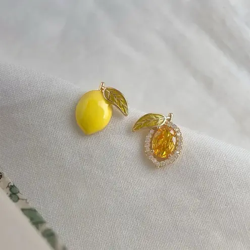 Sunlit Lemon Enamel & Gold Gem Earrings 1cm Mismatched Summer Jewelry Yellow