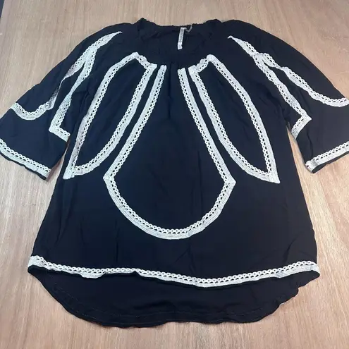 Monoreno Black Boho Tunic Top Mini Dress S Crochet Lace Trim