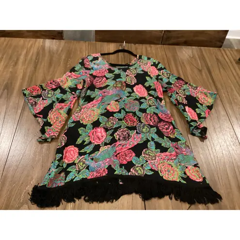 Uncle Frank black and floral fringe tunic bell sleeve short dress M