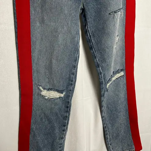 Carmen Straight Thrashed Distressed High Rise Red Tuxedo Stripe Denim Blue Jeans Size 23