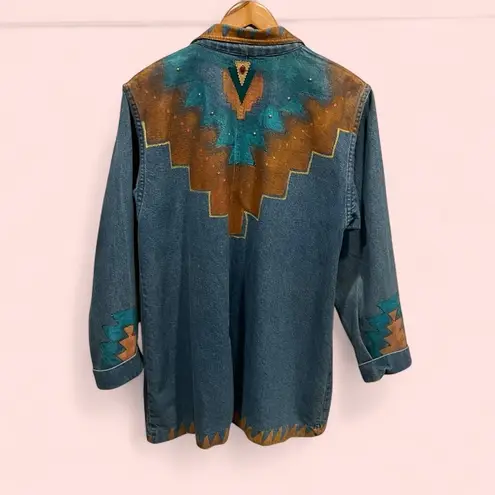Vintage funky 80’s hand painted jeweled oversized southwestern boho denim blazer Tan Size L