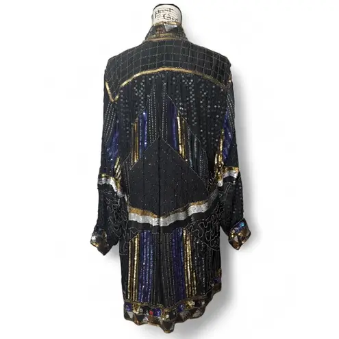 Agustres Impressions Sequin Beaded Embellished Jacket Art Deco Style Coat XL Black