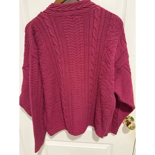 LL Bean Women Sweater Cardigan Vtg Fisherman Cable Knit Pink Magenta Wood Button Size L