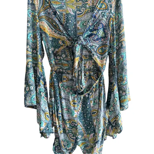 Boutique Paisley Print Boho Whimsy Cut Out Romper W Flowy Bell Sleeves