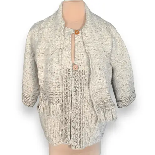 Vintage Shepherds Harvest Wool Cardigan Oatmeal Knit Fringe Scarf Jacket Large Tan