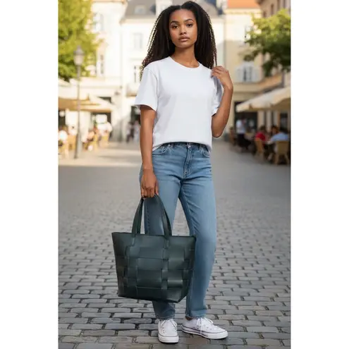 Woven Tote Bag Black Faux Leather Top Handle Bag Everyday Purse