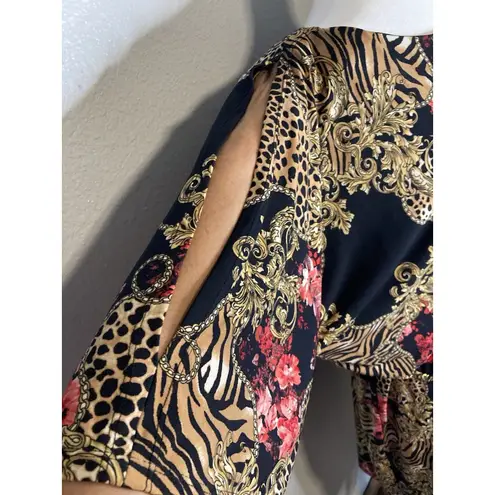 Thalia Sodi Designer Dress XXL Blouson Braided Gold Belt Black Open 3/4 Sleeve