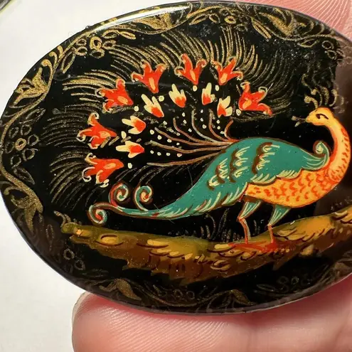 Hand Painted Lacquer Peacock Bird On Black Background Brooch
