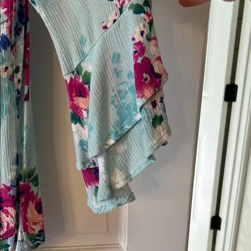 Newbury Kustom Blue and Pink Blouse with Floral Print and Flared Sleeves
