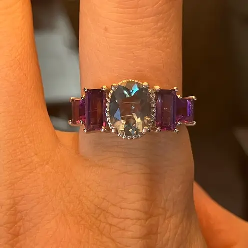 Teal Color Changing Fluorite Amethyst Art Deco Ring Size 8 Silver