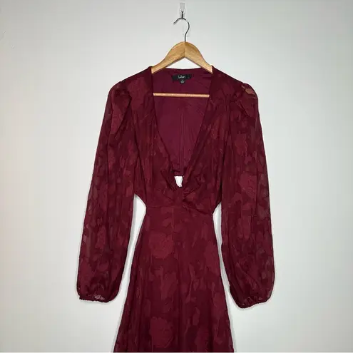 Lulus  Desired Aesthetic Wine Red Floral Burnout Long Sleeve Midi Dress Size L