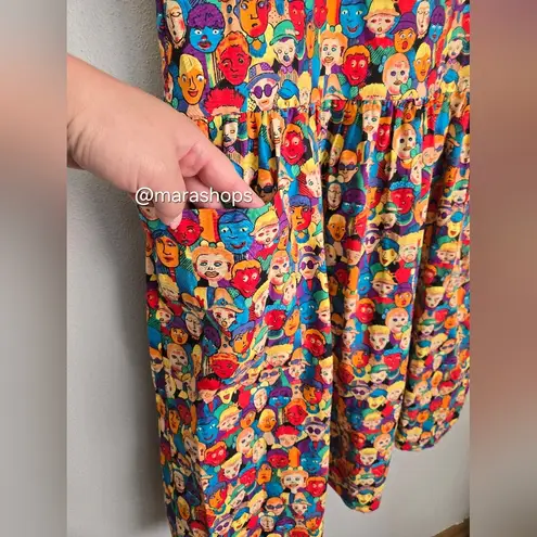 Vintage Cottonpatch Colorful Faces Print Dress Red