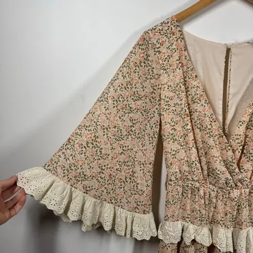 INDIKAH by Angel Biba Women S Tiered Ruffle Boho Mini Dress Floral Lace Peach