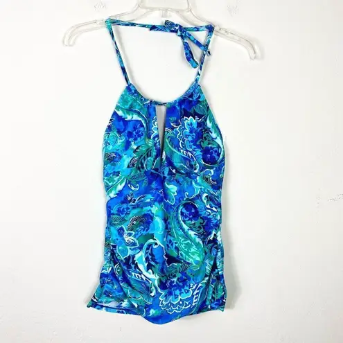 Lauren Ralph Lauren Blue Floral Keyhole Halter Open Back Tankini Swim Top Size 4